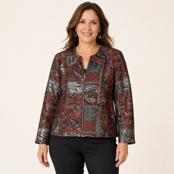Christopher & Banks Jackets & Blazers - Christopher & Banks Women's L Red Metallic Paisley Jacquard Zip Jacket